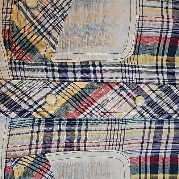 Vintage H.I.S Western Pearl Snap Shirt  sz M Plaid with  Cream accent yoke and - Picture 5 of 11